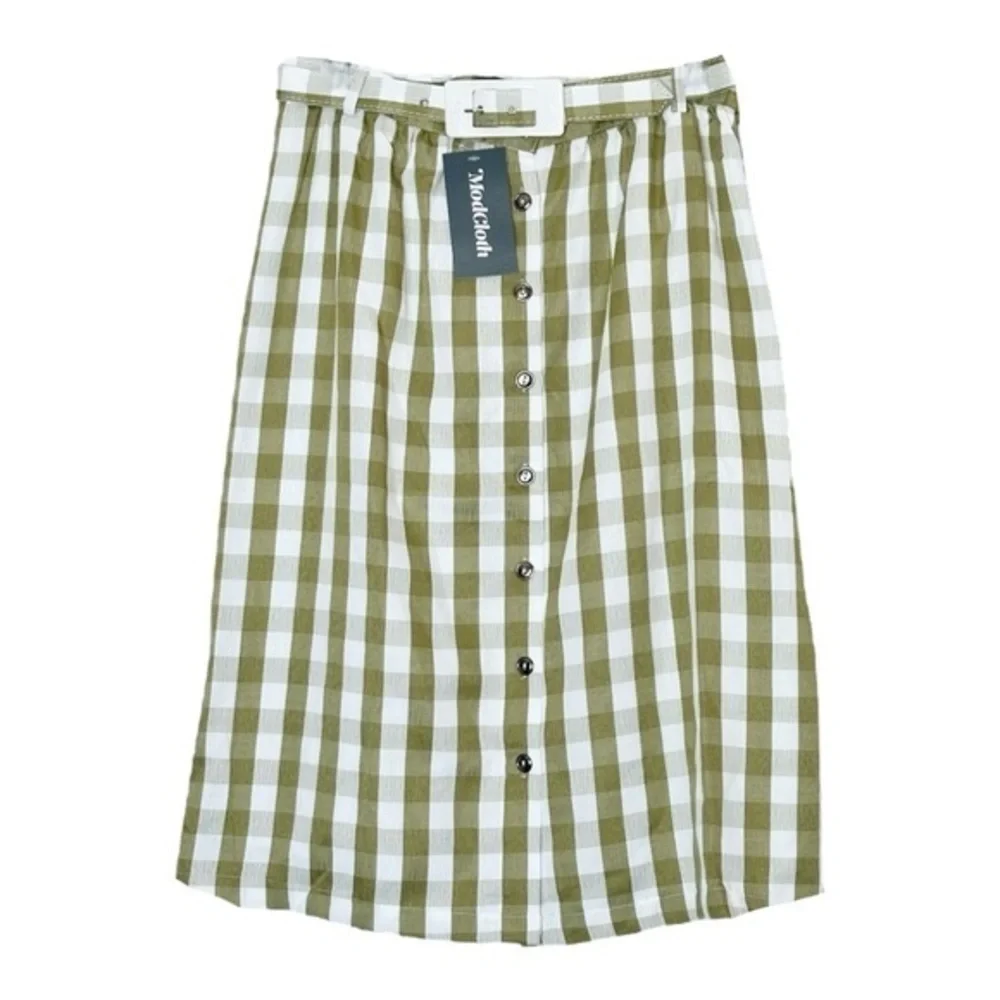 ModCloth A-line Skirt 10 NWT Green Gingham Plaid Retro Belted Button Front